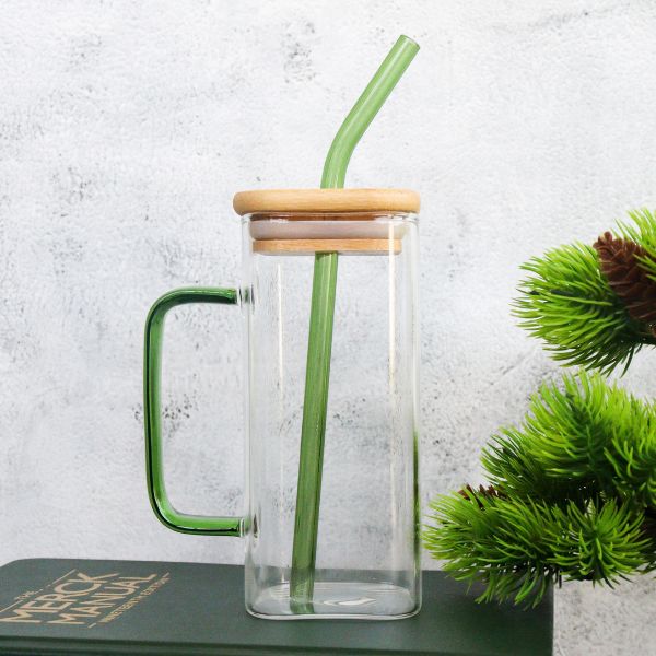 Tall Square Glass Mug with Straw & Lid - 380ml - Tea At Heart